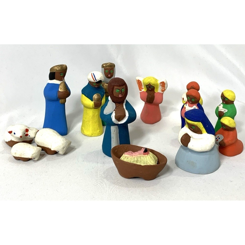 Nativity Set Figures Clay Pottery Mexico 15 Piece Painted Nacimiento de Barro